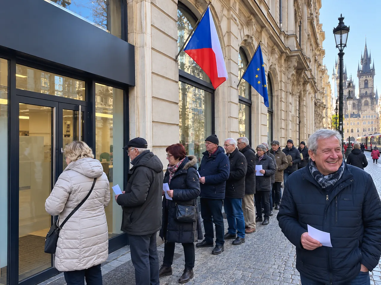 Fronta lidí u historické budovy v centru Prahy